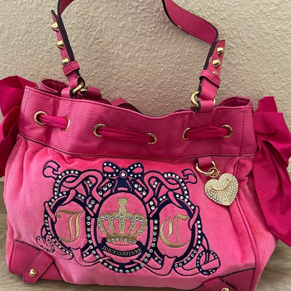 Juicy Couture Handbags - Hot Pink Velour Juicy Couture bag purse pink bling charm gold heart cute